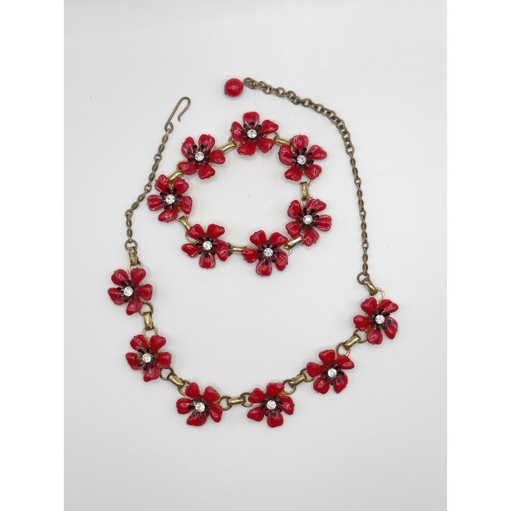 Vintage 1950s RED Daisy Flower Necklace Bracelet Gold‎ Tone Metal Rhinestone